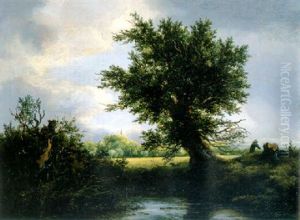 A Pollarded Willow Overhanging A Pool With A Cornfield, A Wood And A Church Spire Beyond