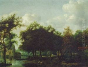 A Wooded Landscape With Washerwomen On A River Bank, A Castle Beyond