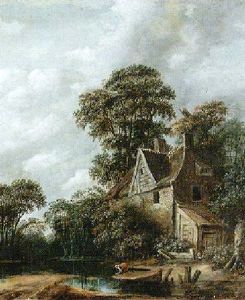 Wooded River Landscape With A Country Cottage And A Woman Washing Laundry