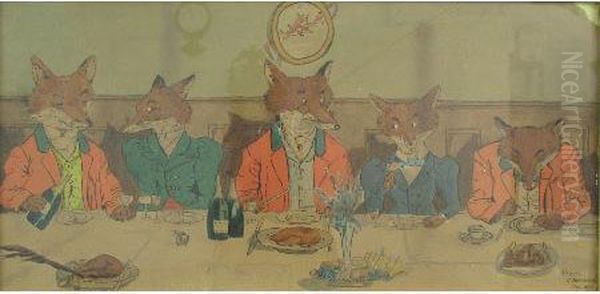 Humorous Study Of Hunt Supper With Foxes Dressed As People - view 1