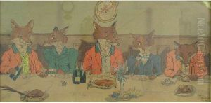 Humorous Study Of Hunt Supper With Foxes Dressed As People Humorous Study Of Hunt Supper With Foxes Dressed As People