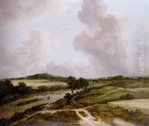 An Extensive Landscape With Figures On A Path By Cornfields