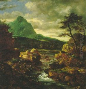 Gebirgslandschaft Mit Einem Wasserfall Und Reisenden by Jacob Van Ruisdael