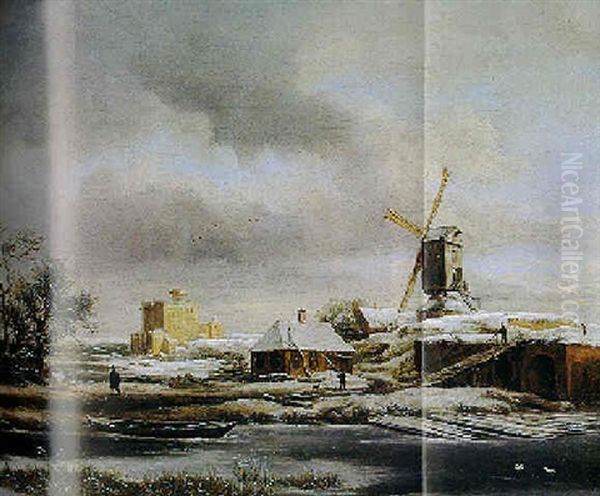 Winter Landscape With A Frozen Canal, Farmhouses And A Windmill Beyond - view 1