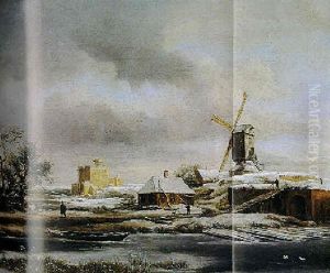 Winter Landscape With A Frozen Canal, Farmhouses And A Windmill Beyond by Jacob Van Ruisdael