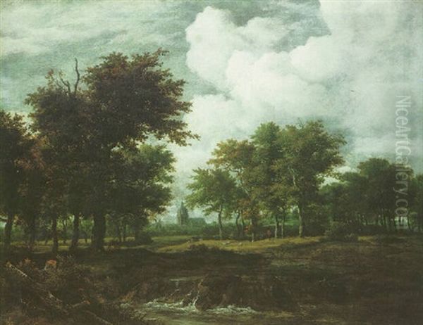 An River Landscape With A Windmill, A Church, And Shepherds With Their Sheep Beneath Trees On The Further Bank - view 1