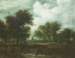 An River Landscape With A Windmill, A Church, And Shepherds With Their Sheep Beneath Trees On The Further Bank by Jacob Van Ruisdael