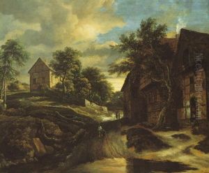 A Wooded Hilly Landscape With Figures On A Path Near Water by Jacob Van Ruisdael