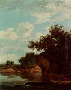 River Landscape With An Angler In A Punt