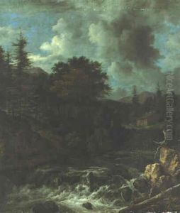 A Torrent In A Scandinavian Wooded Landscape by Jacob Van Ruisdael