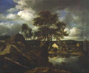 A Rocky River Landscape With A Shepherd On A Track And Cottages Beyond