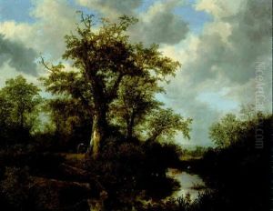 A Wooded Landscape With Cattle Crossing A Stream In The Distance by Jacob Van Ruisdael
