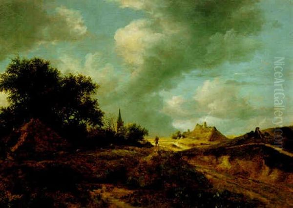 A Dune Landscape With Figures By The Side Of A Path, Thatched Cottages And A Church In The Distance - view 1