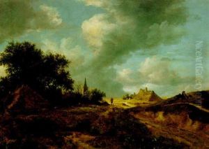 A Dune Landscape With Figures By The Side Of A Path, Thatched Cottages And A Church In The Distance