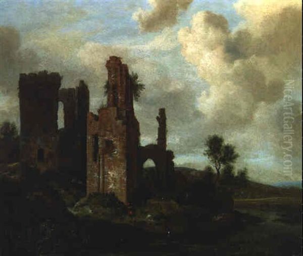 A River Landscape With Travellers By A Ruined Castle - view 1
