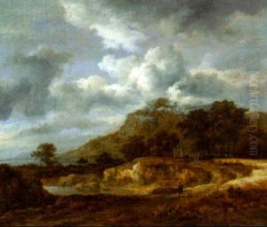 Travellers On A Sandy Track In A Mountainous Coastal Landscape On A Cloudy Day by Jacob Van Ruisdael