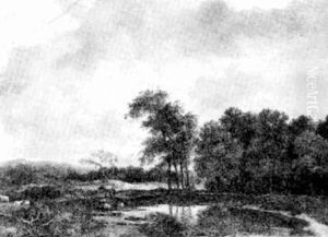 A Shepherd And His Flock Beside A Pond On The Edge Of A Wood