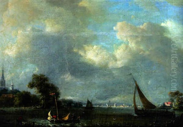 Barges On A River Near A Church, A Town Beyond - view 1