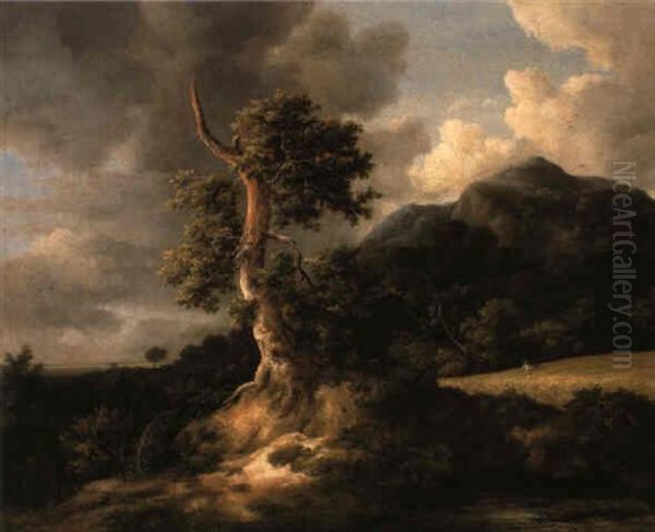 A Mountainous Landscape With A Blasted Tree By A Grainfield - view 1