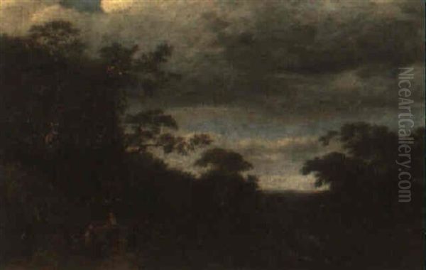 Wooded Landsacpe With A Man Resting With His Dogs - view 1