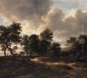 A Wooded Landscape With A Huntsman, And Peasants With Dogs On A Track by Jacob Van Ruisdael