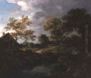 A Wooded River Landscape With Travellers On A Path By A Hamlet by Jacob Van Ruisdael