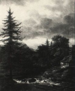 Alpine Landscape With Pine Tree, Swift Stream And A Cottage by Jacob Van Ruisdael