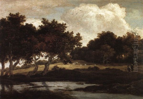Wooded Landscape With Travellers On A Track By A Pool - view 1