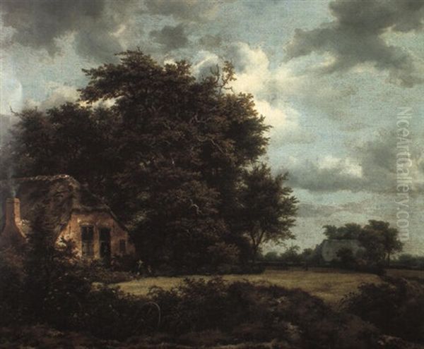 Bosky Landscape With Peasants Seated Outside A Thatched Cottage By A Field - view 1