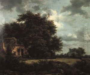 Bosky Landscape With Peasants Seated Outside A Thatched Cottage By A Field by Jacob Van Ruisdael