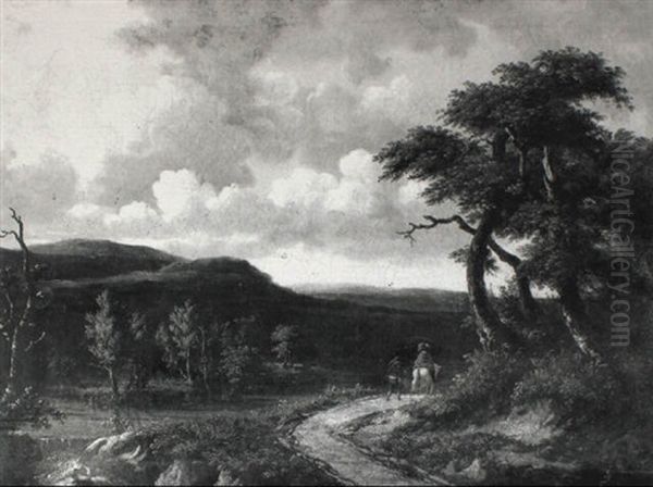 Paysage Avec Cavalier Et Homme Marchant Vus De Dos - view 1