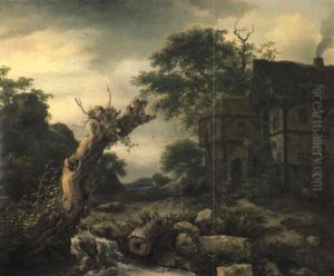 Mountainous Wooded Landscape With Cottages By A Stream by Jacob Van Ruisdael