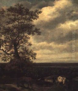 An Extensive Landscape With A Stream And A Drover With      Cattle