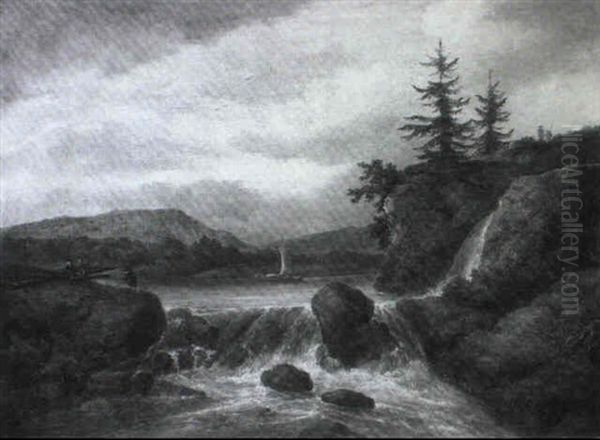 Travellers Resting On Tree Trunks Near A Waterfall - view 1