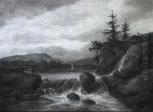 Travellers Resting On Tree Trunks Near A Waterfall by Jacob Van Ruisdael