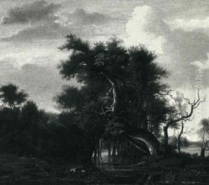 A Wooded Scene With Peasants And Ducks by Jacob Van Ruisdael