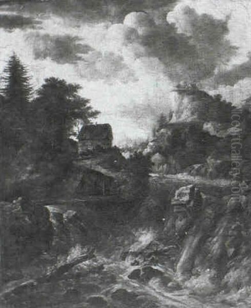 A Wooded River Landscape With A Cascade - view 1