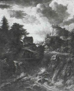 A Wooded River Landscape With A Cascade
