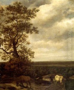 An Extensive Landscape With A Stream And A Drover With Cattle by Jacob Van Ruisdael