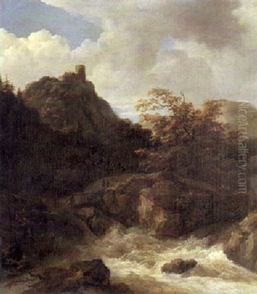 A Hilly Landscape With Figures Near The Confluence Of Two Torrents - view 1