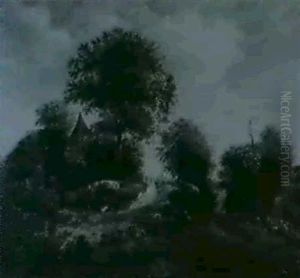 Hollandische Waldlandschaft Mit Reetgedeckten Bauernhausen Unter Blaumen by Jacob Van Ruisdael