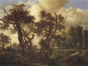 A Wooded Landscape With A Figure Dogs And Cattle by Jacob Van Ruisdael