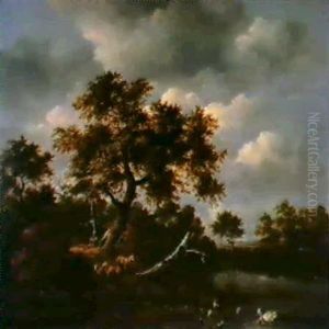 Paysage Au Chene Et Animaux Au Bord D'un Etang by Jacob Van Ruisdael