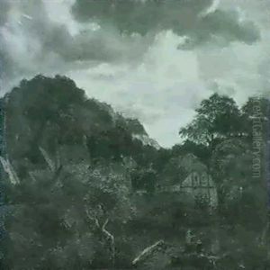 A Wooded Landscape With A Hamlet Set Beneath A Hill,        Anglers In The Foreground