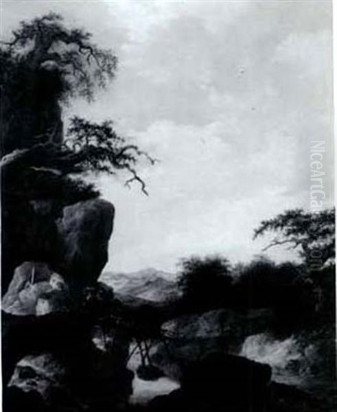Rocky Landscape With Travellercrossing A Wooden Bridge Over A Stream - view 1