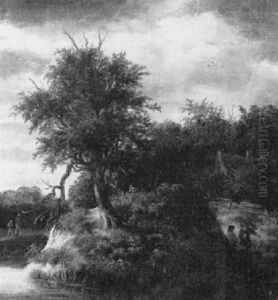 A Wooded River Landscape With Figures Resting By A Cottage by Jacob Van Ruisdael