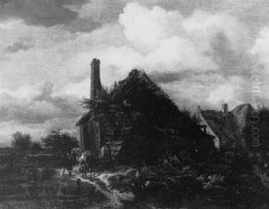 Travellers Before A Ruined Cottage In A Landscape by Jacob Van Ruisdael
