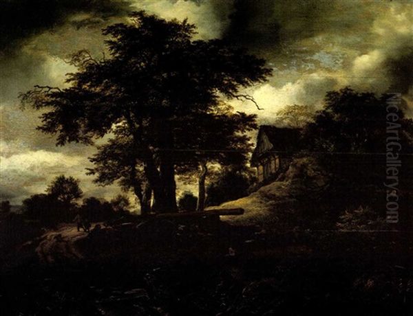 Wooded Landscape With Peasant And Boy Approaching Bridge, Cottage Beyond - view 1