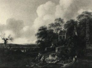 Landscape With A Family Resting By A Road With A Building And Bridge Beyond by Jacob Van Ruisdael