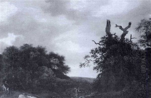 Wooded Landscape With A Peasant Crossing A Bridge Beneath An Old Oak - view 1